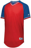 Am image of a Custom Russell Athletic Classic V Neck Jersey in True Red/Royal/White!