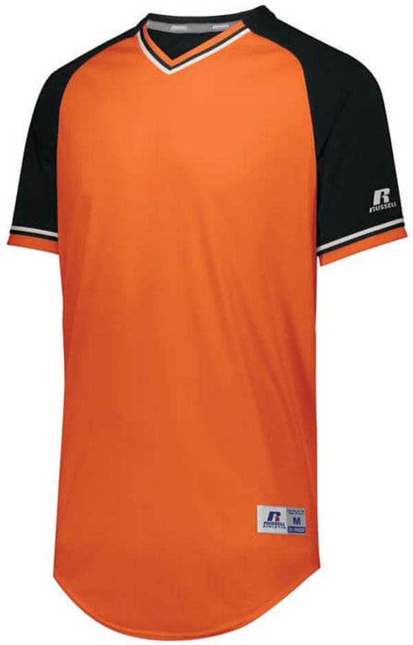 Am image of a Custom Russell Athletic Classic V Neck Jersey in Burnt Orange/Black/White!