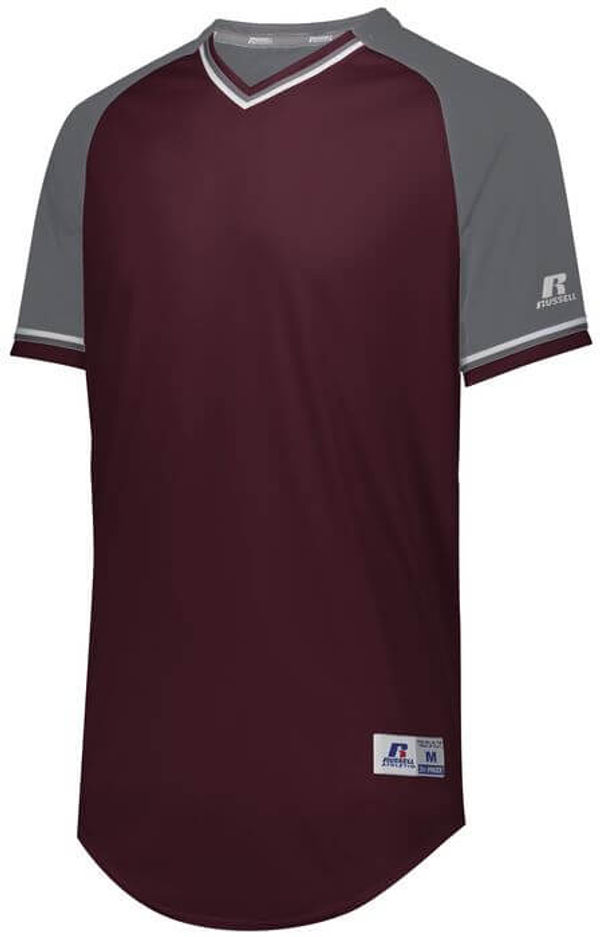 Am image of a Custom Russell Athletic Classic V Neck Jersey in Maroon/Steel/White!