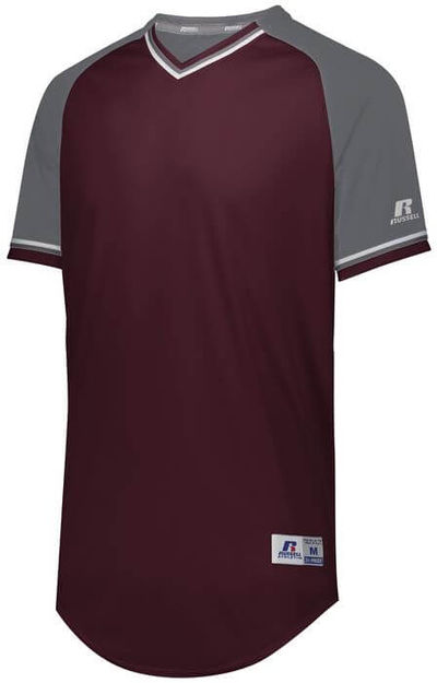 Am image of a Custom Russell Athletic Classic V Neck Jersey in Maroon/Steel/White!
