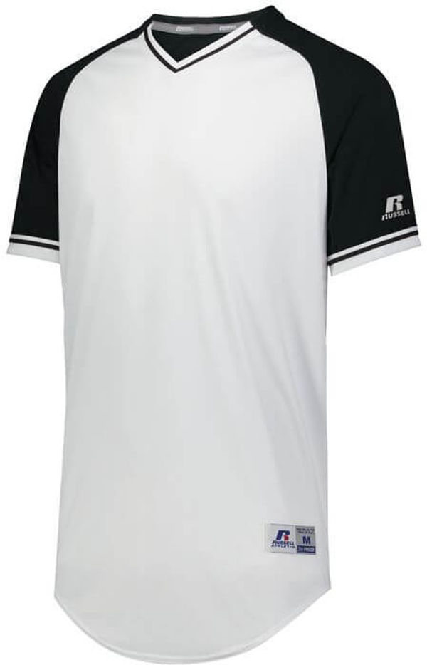 Am image of a Custom Russell Athletic Classic V Neck Jersey in White/Black/White!