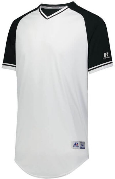 Am image of a Custom Russell Athletic Classic V Neck Jersey in White/Black/White!