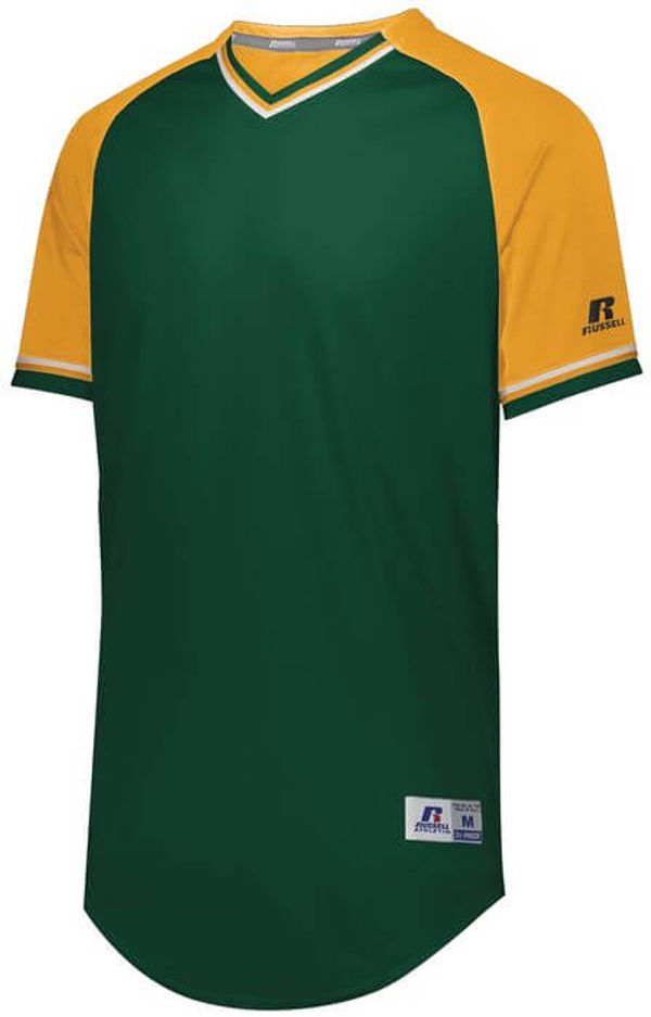 Am image of a Custom Russell Athletic Classic V Neck Jersey in Dark Green/Gold/White!