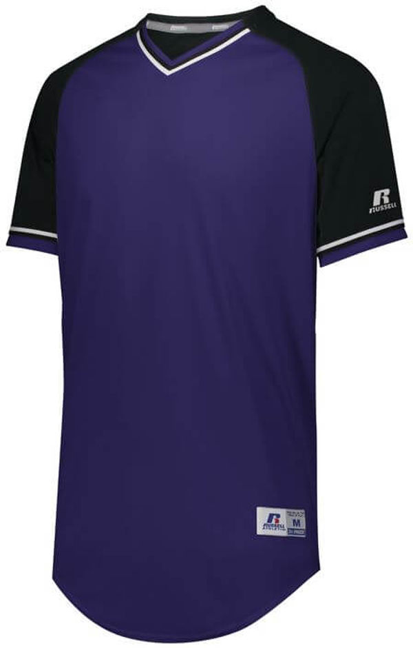 Am image of a Custom Russell Athletic Classic V Neck Jersey in Purple/Black/White!