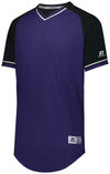 Am image of a Custom Russell Athletic Classic V Neck Jersey in Purple/Black/White!
