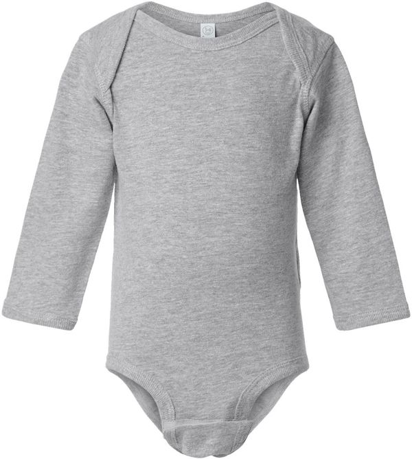 Am image of a Custom Rabbit Skins Infant Fine Jersey Long Sleeve Body Suit in Heather!