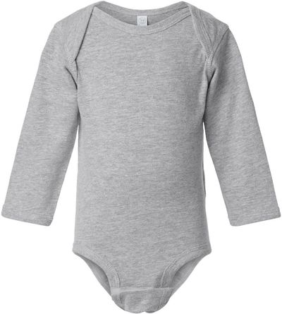 Am image of a Custom Rabbit Skins Infant Fine Jersey Long Sleeve Body Suit in Heather!