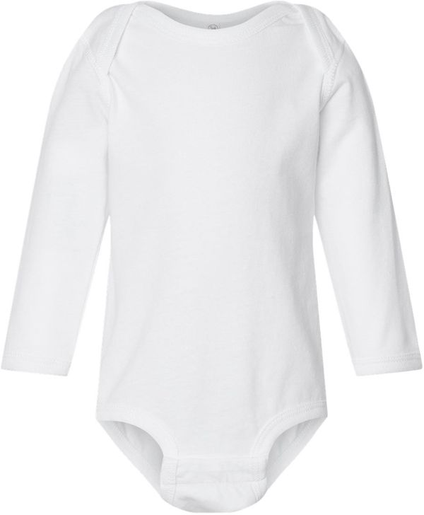 Am image of a Custom Rabbit Skins Infant Fine Jersey Long Sleeve Body Suit in White!