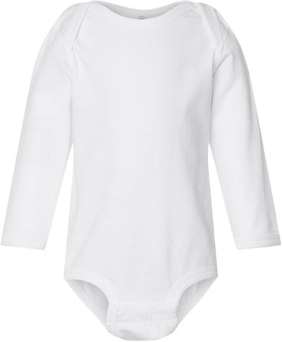 Am image of a Custom Rabbit Skins Infant Fine Jersey Long Sleeve Body Suit in White!