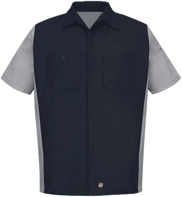 Am image of a Custom Red Kap Short Sleeve Woven Crew Shirt in Navy/Grey!