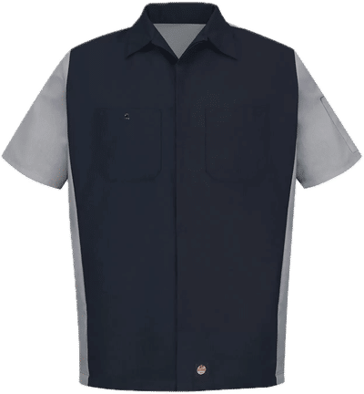 Am image of a Custom Red Kap Short Sleeve Woven Crew Shirt in Navy/Grey!