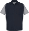 Am image of a Custom Red Kap Short Sleeve Woven Crew Shirt in Navy/Grey!