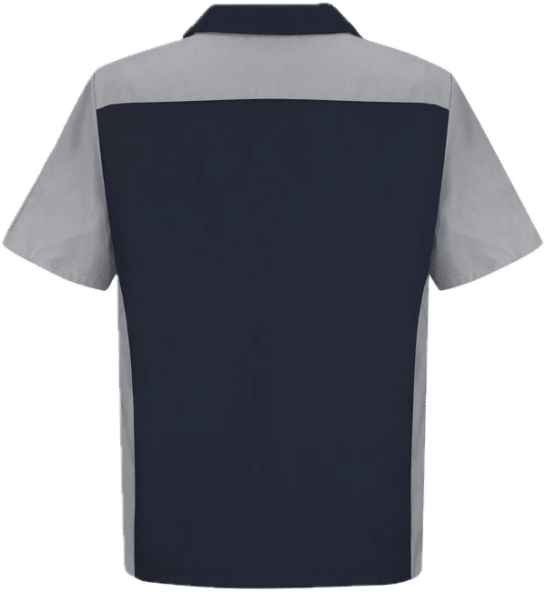 Am image of a Custom Red Kap Short Sleeve Woven Crew Shirt in Navy/Grey!