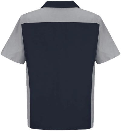 Am image of a Custom Red Kap Short Sleeve Woven Crew Shirt in Navy/Grey!