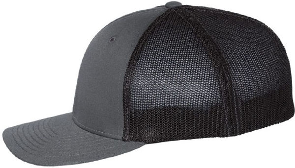 An image of a Custom Richardson Fitted Trucker with R Flex in Charcoal/Black!