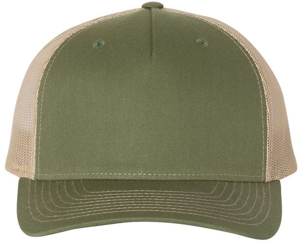 Am image of a Custom Richardson Five Panel Trucker in Army Olive Green/Tan!