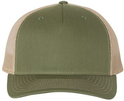 Am image of a Custom Richardson Five Panel Trucker in Army Olive Green/Tan!