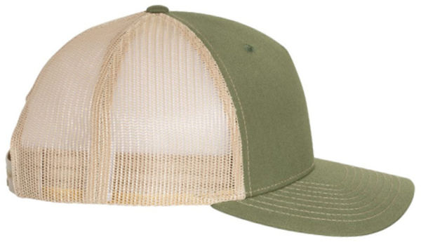 An image of a Custom Richardson Five Panel Trucker in Army Olive Green/Tan!