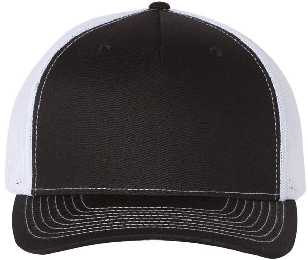 Am image of a Custom Richardson Five Panel Trucker in Black/White!