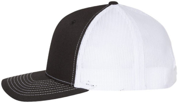An image of a Custom Richardson Five Panel Trucker in Black/White!