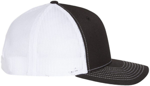 An image of a Custom Richardson Five Panel Trucker in Black/White!