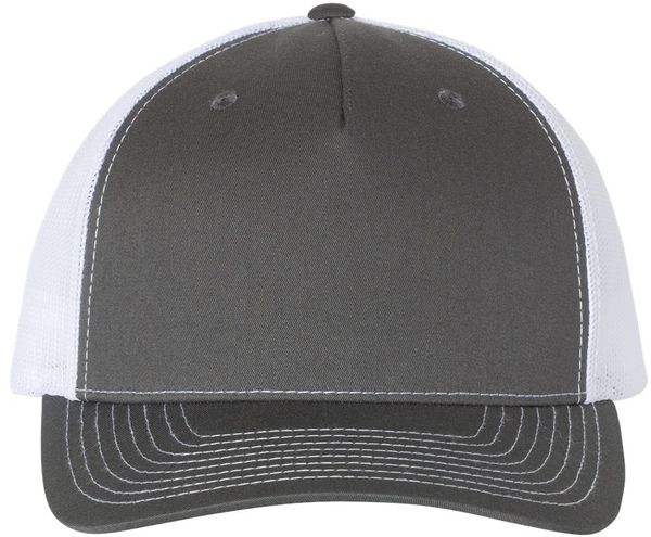 Am image of a Custom Richardson Five Panel Trucker in Charcoal/White!