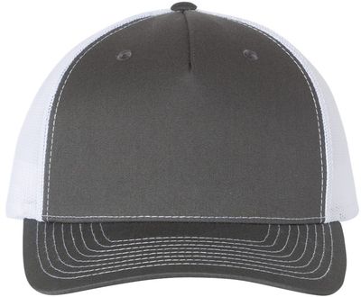 Am image of a Custom Richardson Five Panel Trucker in Charcoal/White!