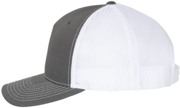 An image of a Custom Richardson Five Panel Trucker in Charcoal/White!