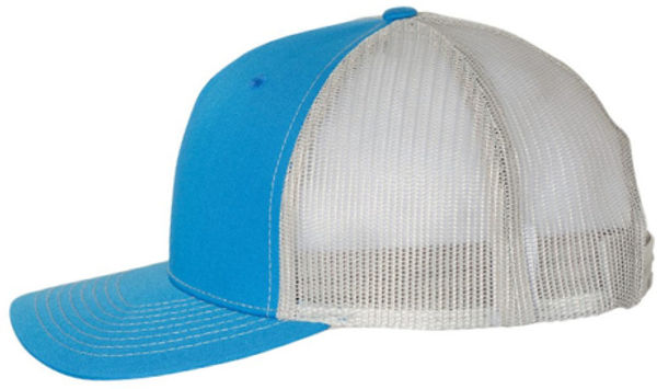 An image of a Custom Richardson Five Panel Trucker in Cobalt Blue/Grey!