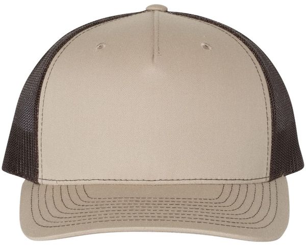 An image of a Custom Richardson Five Panel Trucker in Khaki/Coffee!