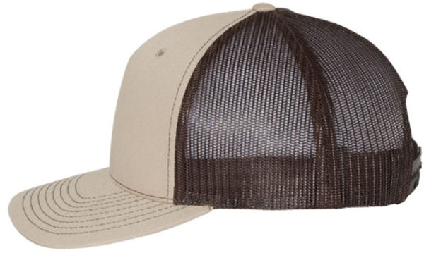 An image of a Custom Richardson Five Panel Trucker in Khaki/Coffee!