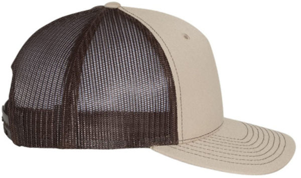 An image of a Custom Richardson Five Panel Trucker in Khaki/Coffee!