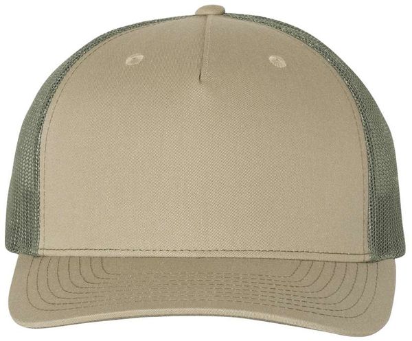 Am image of a Custom Richardson Five Panel Trucker in Pale Khaki/Loden Green!