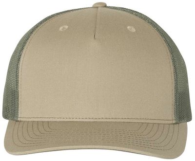 Am image of a Custom Richardson Five Panel Trucker in Pale Khaki/Loden Green!