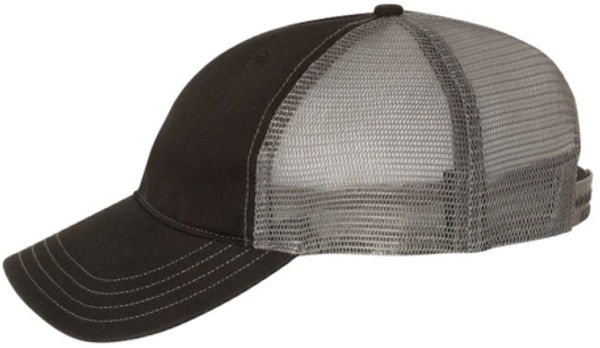 An image of a Custom Richardson Garment Washed Trucker Cap in Black/Charcoal!