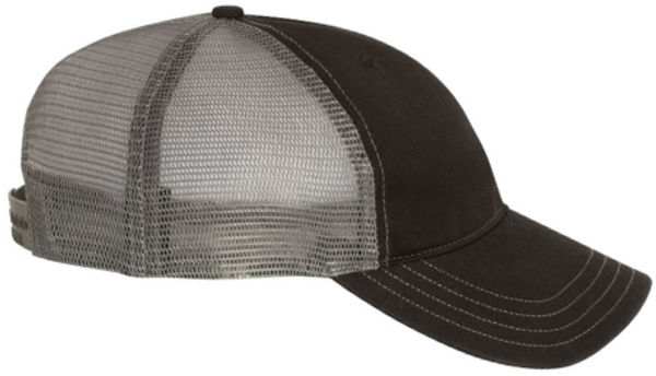 An image of a Custom Richardson Garment Washed Trucker Cap in Black/Charcoal!