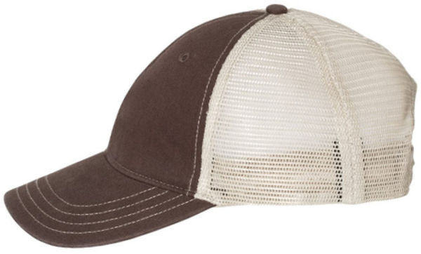 An image of a Custom Richardson Garment Washed Trucker Cap in Brown/Khaki!