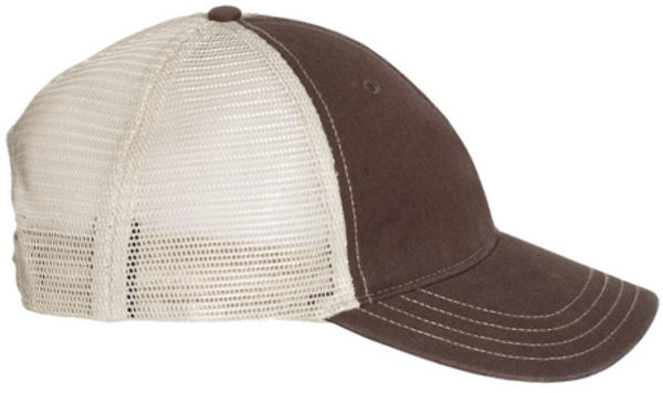 An image of a Custom Richardson Garment Washed Trucker Cap in Brown/Khaki!