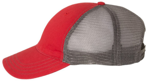 An image of a Custom Richardson Garment Washed Trucker Cap in Red/Charcoal!