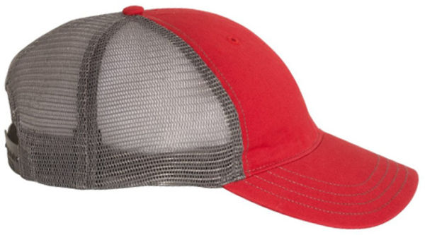 An image of a Custom Richardson Garment Washed Trucker Cap in Red/Charcoal!