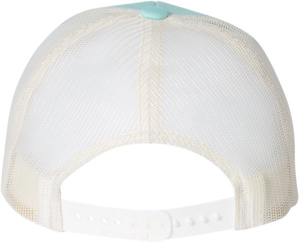 Am image of a Custom Richardson Low Pro Trucker Cap in Aruba Blue/Birch!