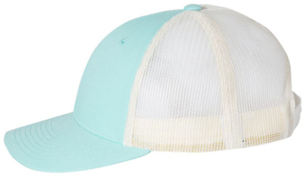 An image of a Custom Richardson Low Pro Trucker Cap in Aruba Blue/Birch!