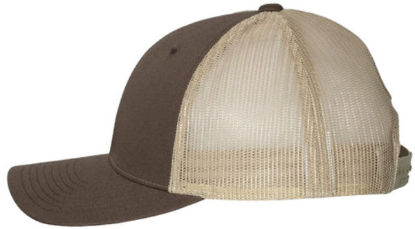 An image of a Custom Richardson Low Pro Trucker Cap in Brown/Khaki!