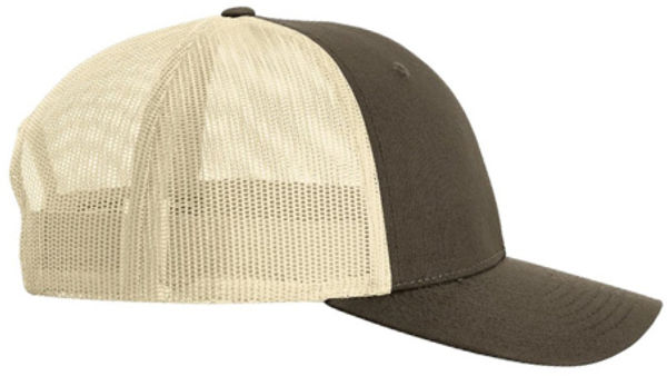 An image of a Custom Richardson Low Pro Trucker Cap in Brown/Khaki!