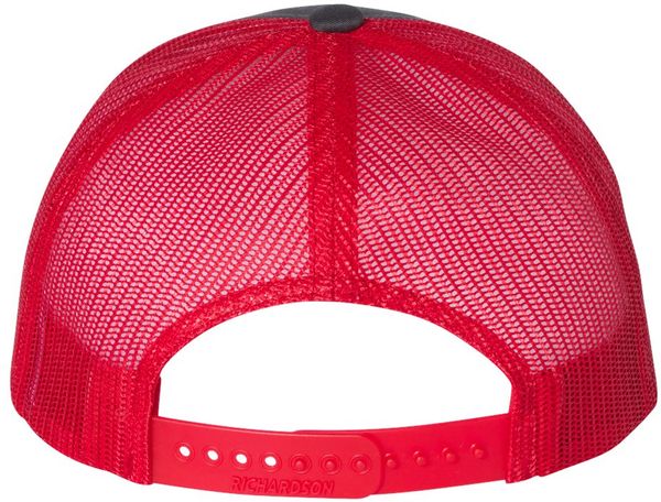 Am image of a Custom Richardson Low Pro Trucker Cap in Charcoal/Red!