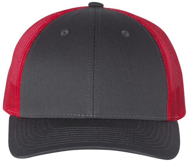 Am image of a Custom Richardson Low Pro Trucker Cap in Charcoal/Red!