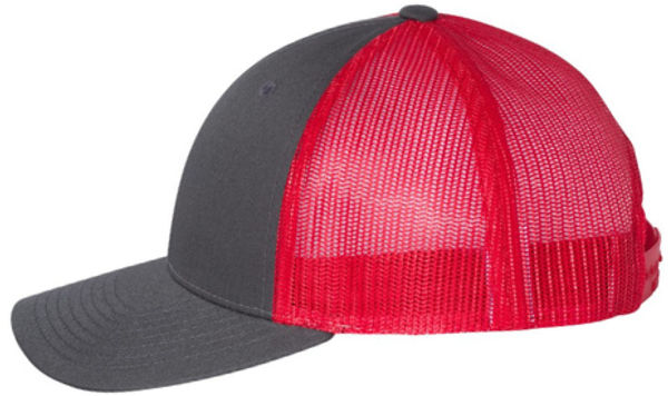 An image of a Custom Richardson Low Pro Trucker Cap in Charcoal/Red!
