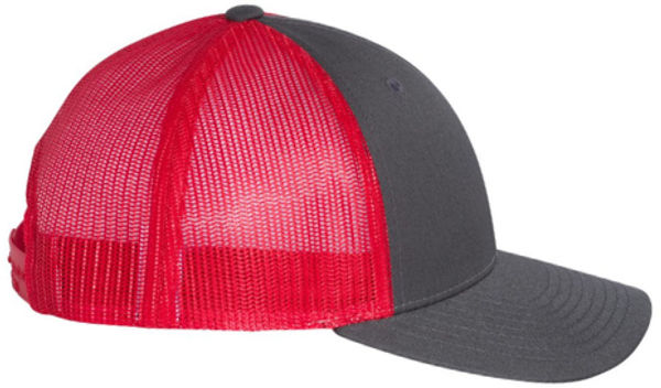 An image of a Custom Richardson Low Pro Trucker Cap in Charcoal/Red!