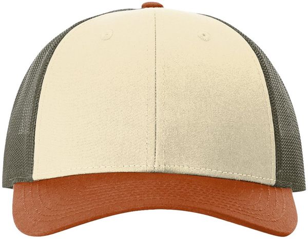 Am image of a Custom Richardson Low Pro Trucker Cap in Cream/Loden Green/Dark Orange!
