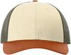 Am image of a Custom Richardson Low Pro Trucker Cap in Cream/Loden Green/Dark Orange!